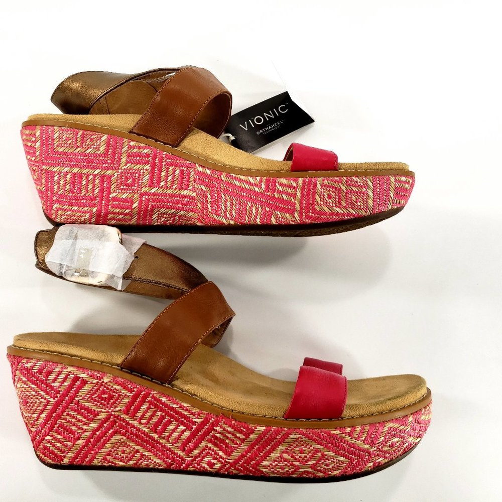 Vionic Orthaheel Cancun Fuschia tan bronze leather orthotic wedge sandals sz 11